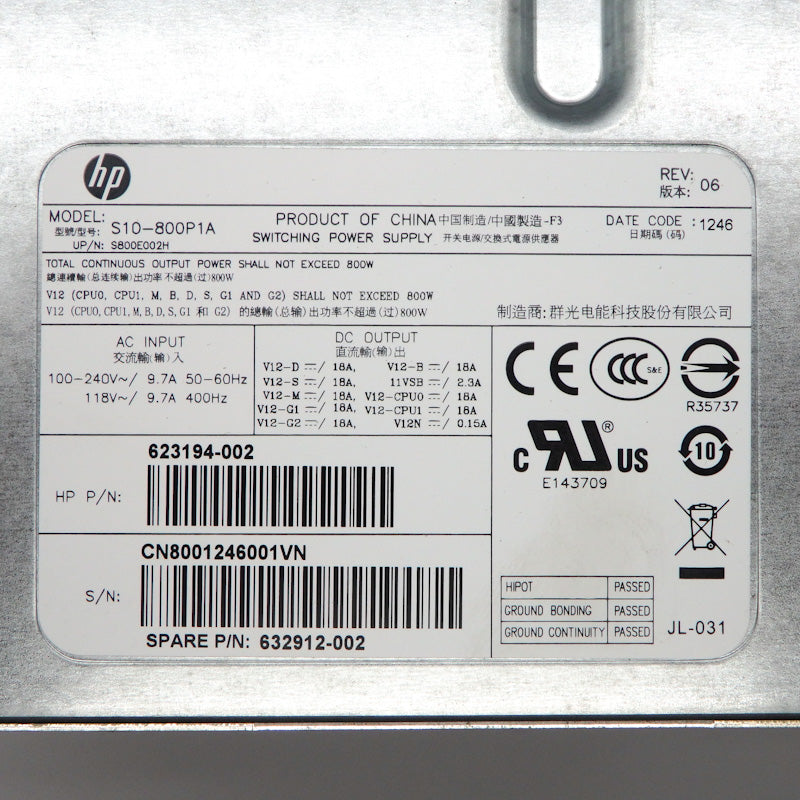 HP Z620 800W Switching Power Supply S10-800P1A 632912-002 623194