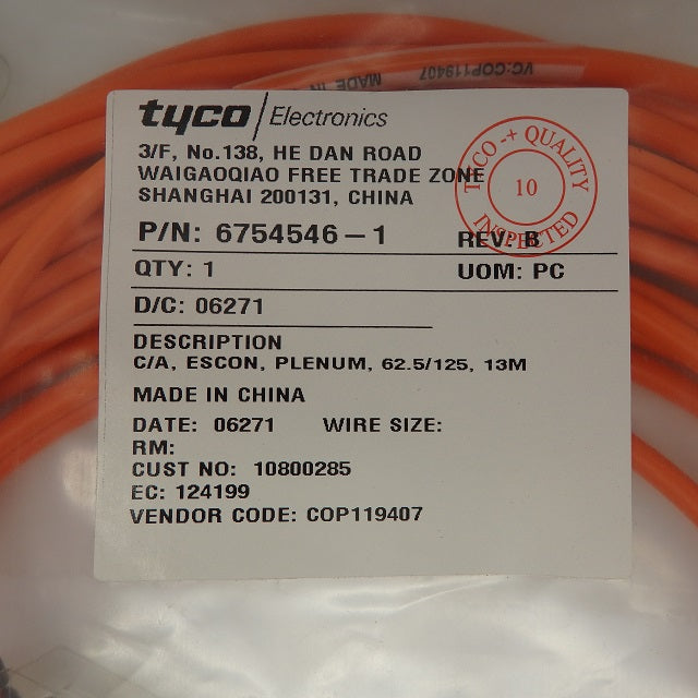 Tyco Electronics 13M 62.5/125 Plenum Escon Cable Assembly 6754546-1