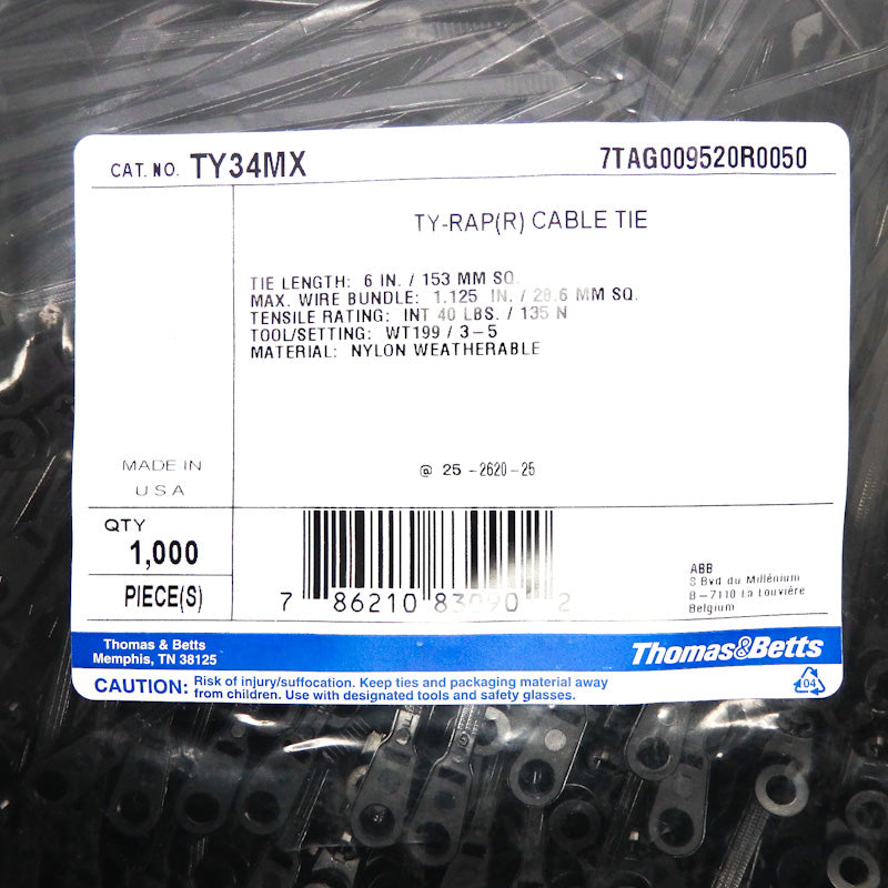 1,000 Pack Thomas & Betts Nylon Ty-Rap 6-Inch 40-Lbs. Cable Tie TY34MX