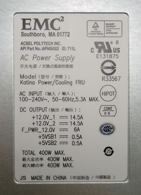 Dell UJ722 EMC 071-000-453 400W AC Power Supply For CX-4DAE API4SG02