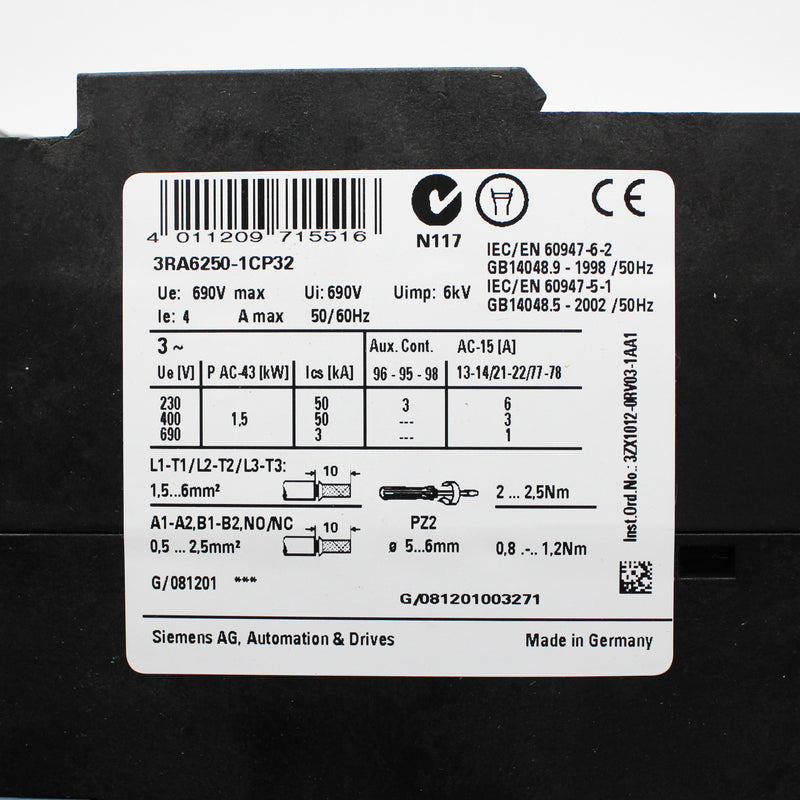 Siemens 110-240V 1-4A Reversing Compact Starter 3RA6250-1CP32