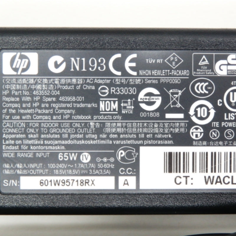 HP 65W AC Adapter w/ Power Cord 463552-004 463958-001