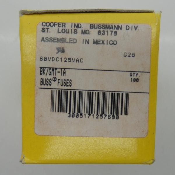 Pack of 100 Cooper Bussman 1A 125VAC Fast-Acting Indicating Fuses BK/GMT-1A