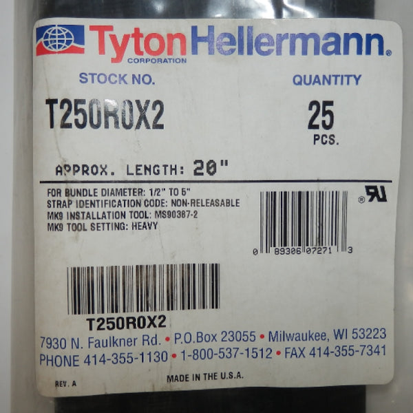 25 Pack of Tyton Hellermann 20 Inch Heavy Duty Cable Tie T250R0X2