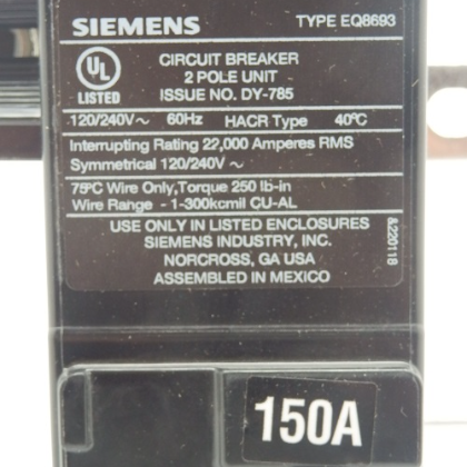 Siemens 150A 120/240V 2 Pole Circuit Breaker MBK150A