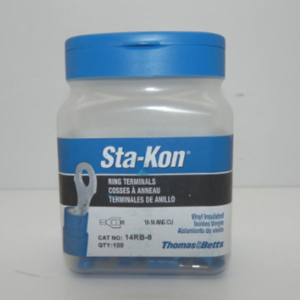Pack of 100 Thomas & Betts / Sta-Kon Vinyl Insulated Ring Terminal 14RB-8