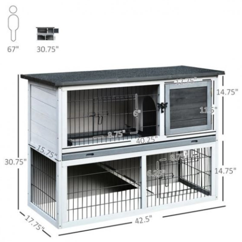 PawHut Small Animal Two-Level Fir Wood Rabbit Hutch Bunny Cage w/ Slide Out Tray