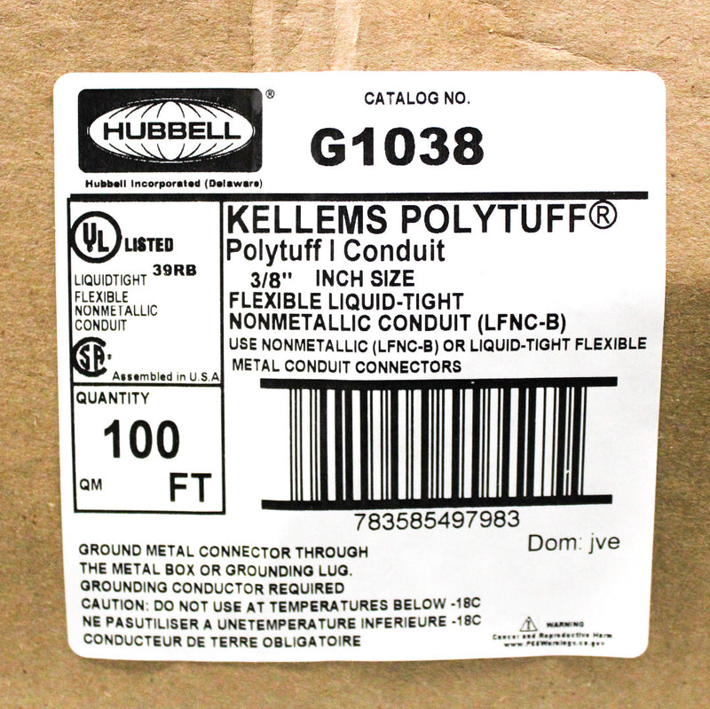 100 Ft Hubbell Kellems Polytuff 3/8" Flexible Liquid-Tight NM Conduit G1038