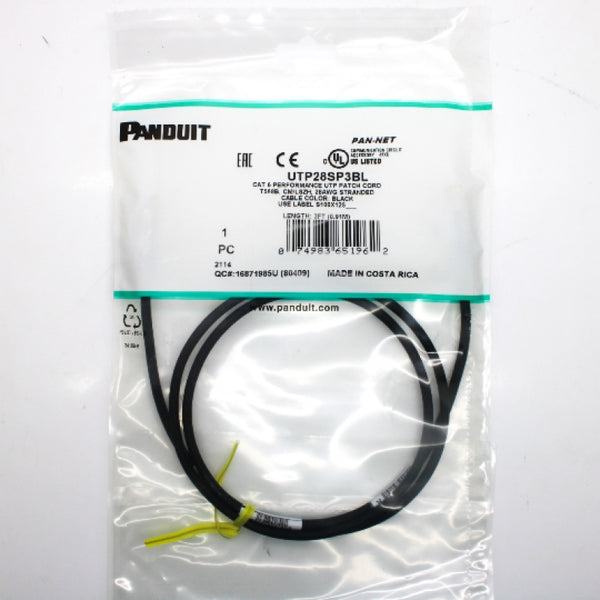 Panduit 3-ft Cat-6 UTP Patch Cord Black 28AWG Stranded Modular Plug UTP28SP3BL