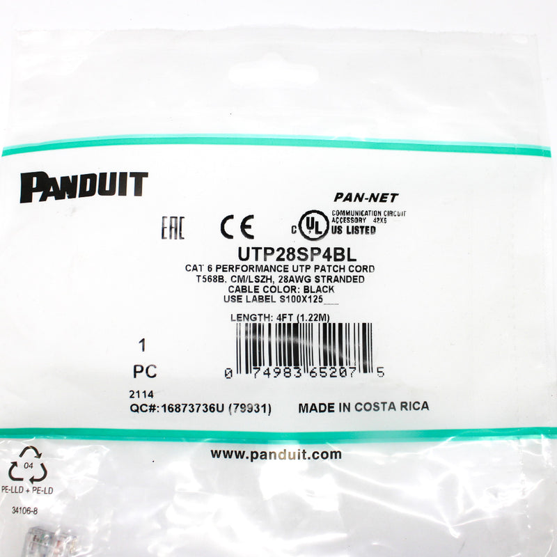 Panduit 4-ft Cat-6 UTP Patch Cord Black 28AWG Stranded Modular Plug UTP28SP4BL