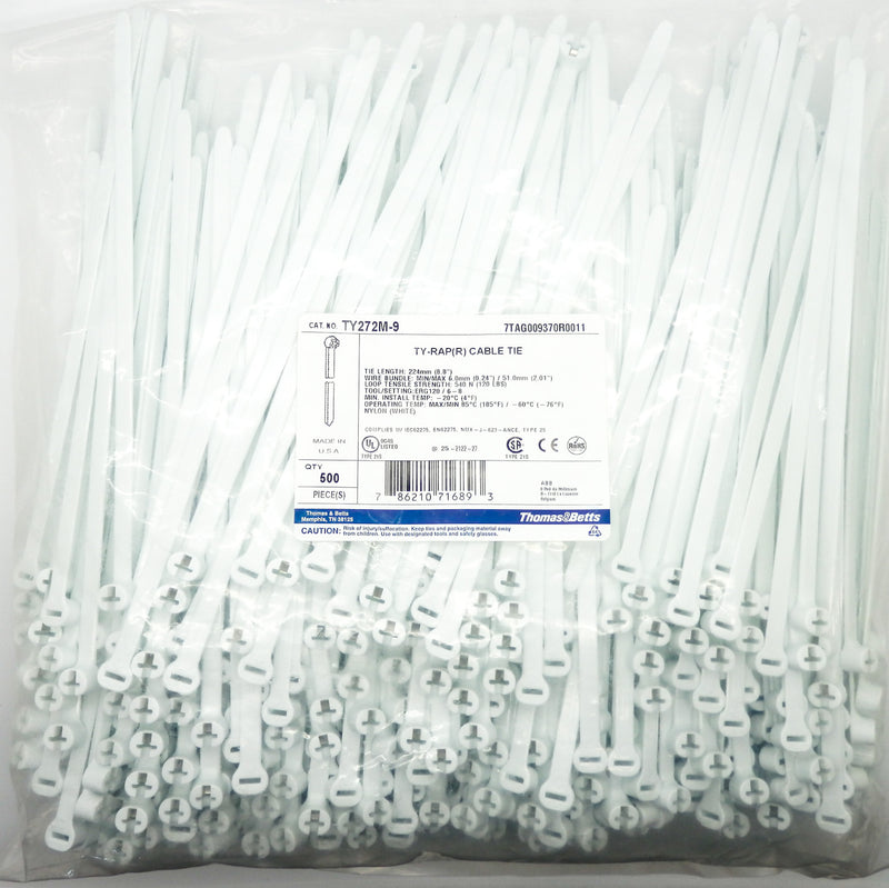 Pack of 500 Thomas & Betts 8.8" White UV-Stabilized Nylon Cable Ties TY272M-9