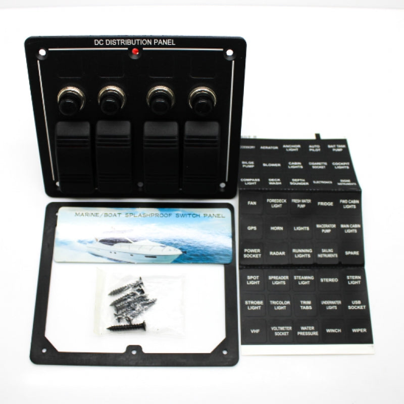 Marine / Boat Black 4-Gang Splashproof DC Distribution Switch Panel