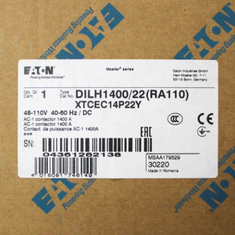 Eaton XTCEC14P22Y 1400A 2NO-2NC 40-60Hz 3-Pole IEC Contactor DILH1400/22(RA110)