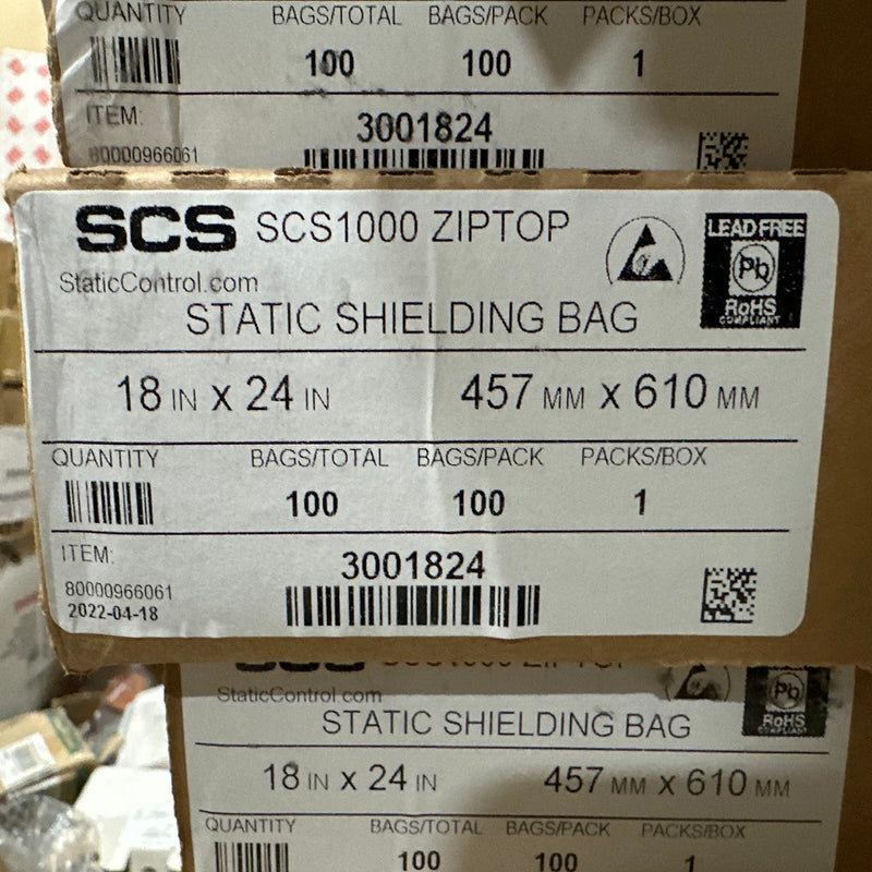 100 Pack of SCS 18" x 24" SCS1000 Metal-In Ziptop Static Shielding Bags 3001824