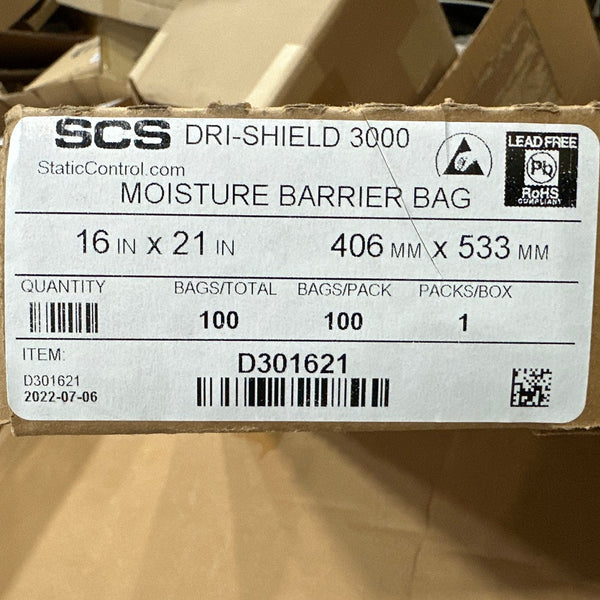 100 Pack of SCS 16" x 21" Dri-Shield 3000 Moisture Barrier Bags D301621
