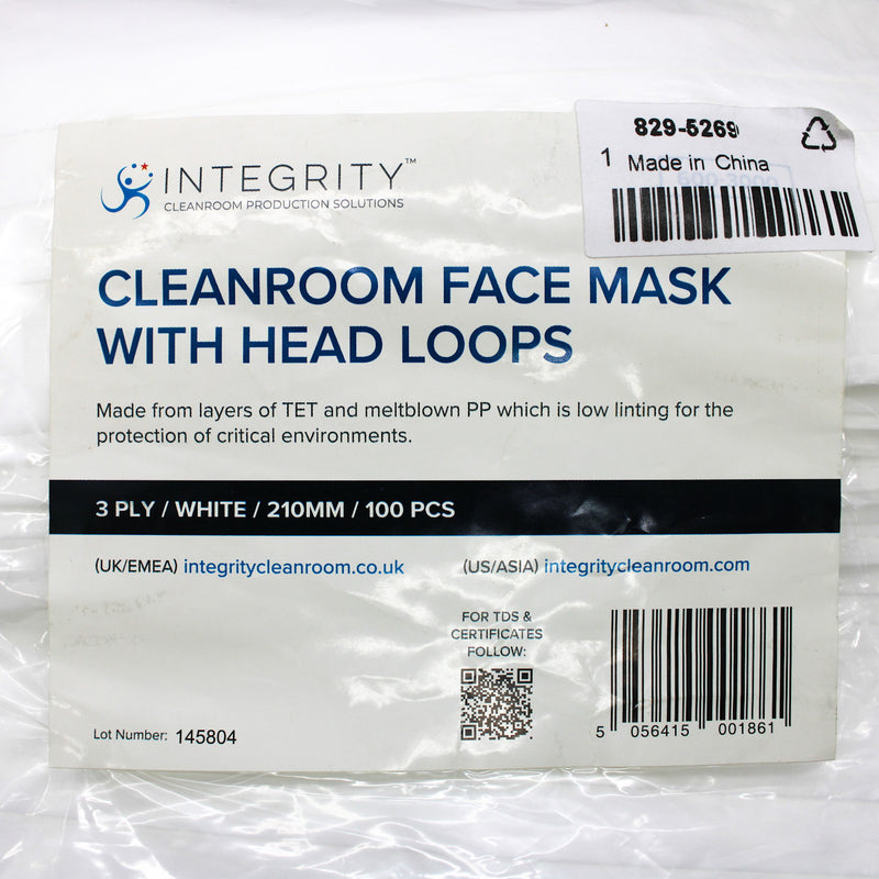 100 Pack of Integrity Cleanroom ESD Disposable Face Masks With Head Loops