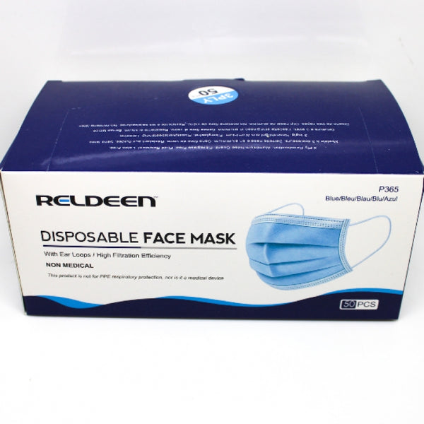 50 Pack of Reldeen P365 3-Ply Blue Polyethylene Disposable Face Masks