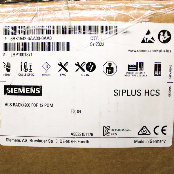 Siemens SIPLUS HCS4200 Rack 4200 For Holding Up To 12 POM4220 6BK1942-0AA00-0AA0