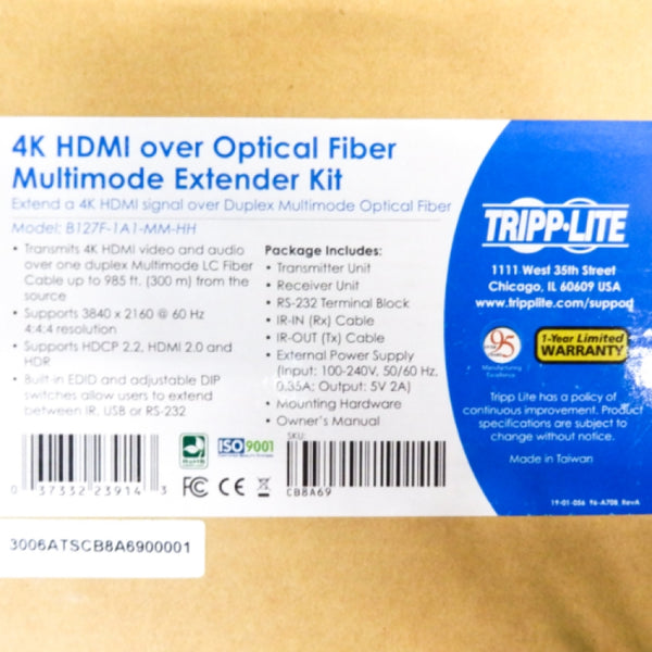 Tripp Lite 4K HDMI Over Optical Fiber Multimode Extender Kit B127F-1A1-MM-HH