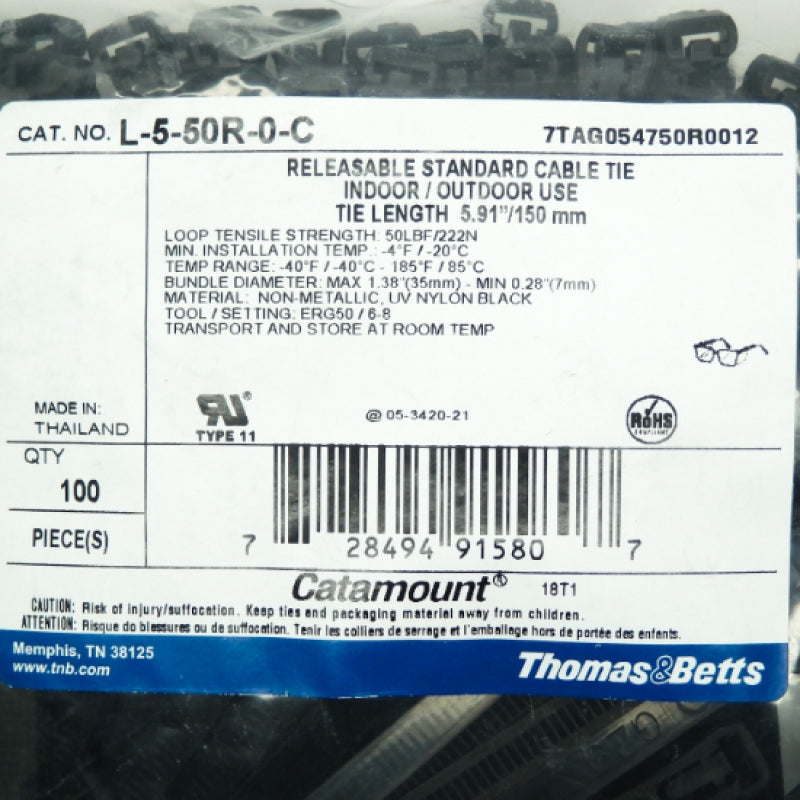 100 Pack Thomas & Betts Catamount Releasable UV Resistant Cable Tie L