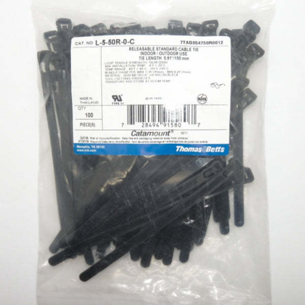 100 Pack Thomas & Betts Catamount Releasable UV Resistant Cable Tie L-5-50R-0-C