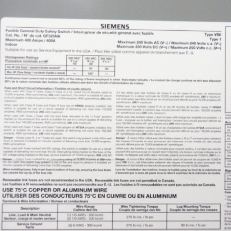 Siemens 400A 240V 4W General Duty Safety Switch GF325NA