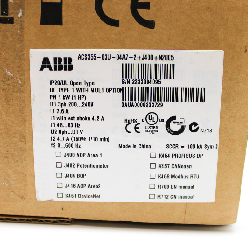 ABB 240V Type 1 Micro AC Drive w/ Options ACS355-03U-04A7-2+J400+N2005