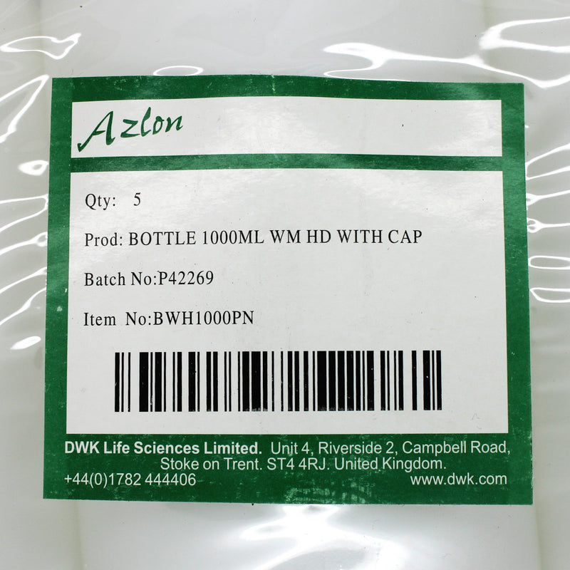Pack of 5 Azlon 1000ml Wide Mouth HDPE Plastic Bottles w/ Cap BWH1000PN