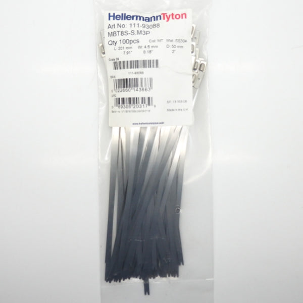 Pack of 100 HellermannTyton Metal Stainless Steel Self Locking Cable Tie MBT8S-S