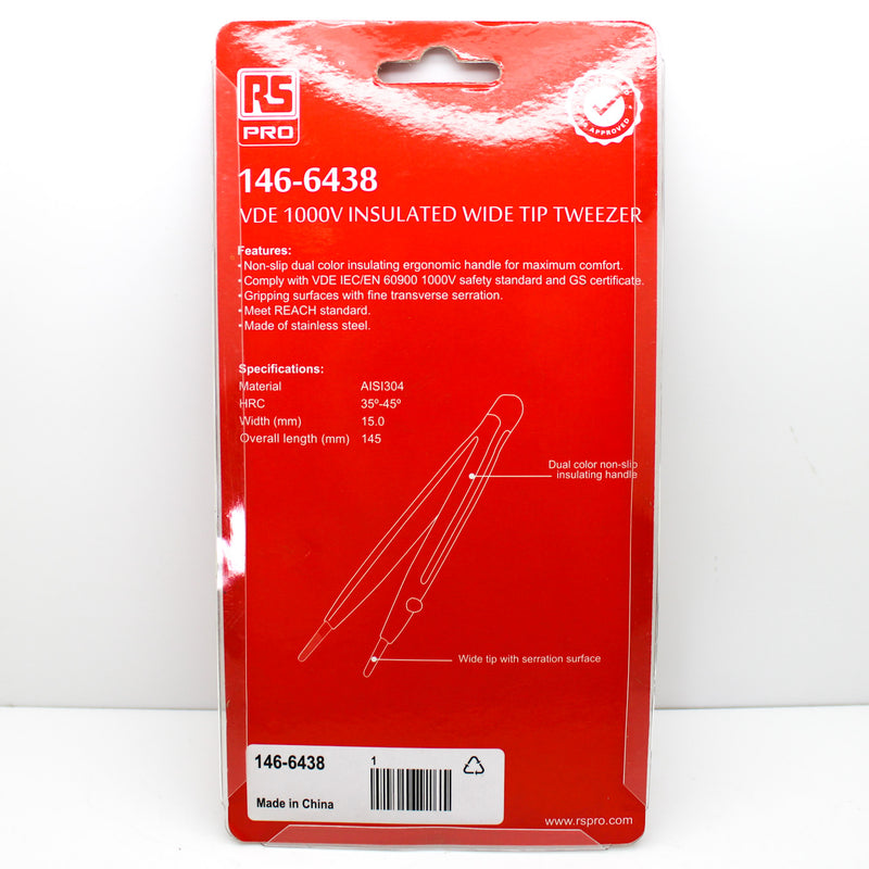 RS Pro 145mm VDE Insulated Rounded Stainless Steel Tweezers 146-6438