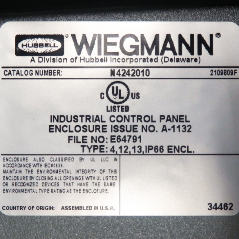 Wiegmann 24 x 20 x 10 NEMA 4 Industrial Control Panel Enclosure N4242010