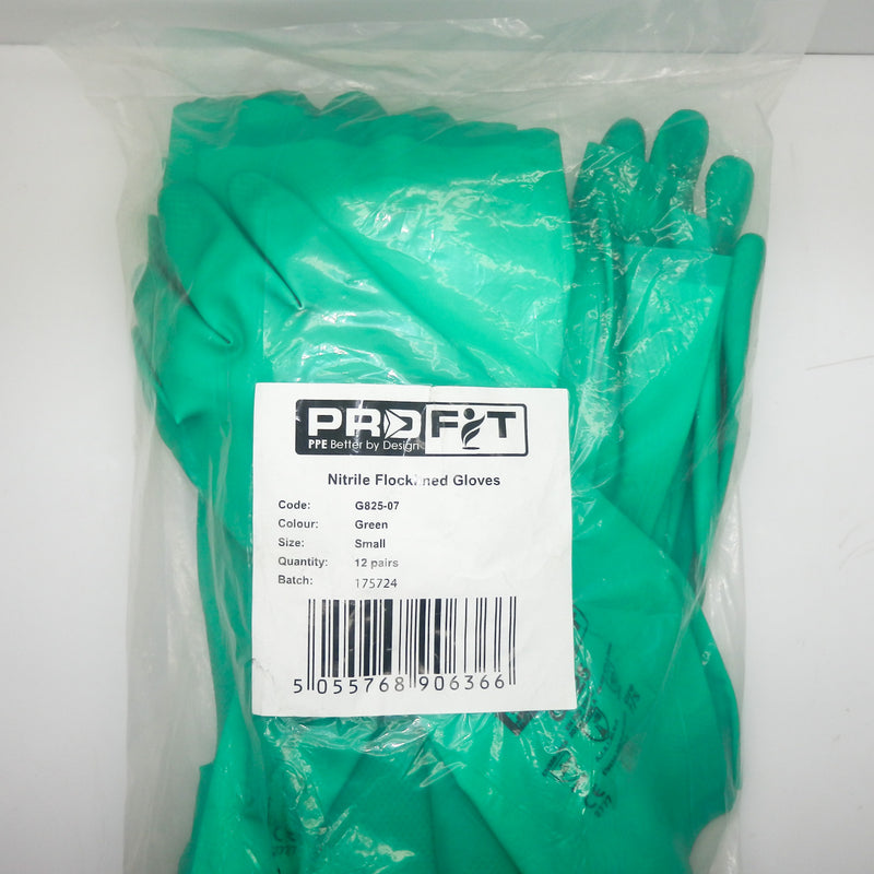 Pack of 12 Pairs Small Profit Green Nitrile Flocklined Gloves G825-07