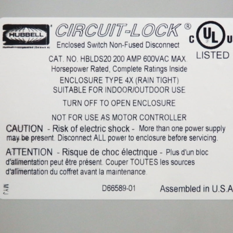 Hubbell NEMA 4X Circuit Lock 200A Disconnect Switch HBLDS20