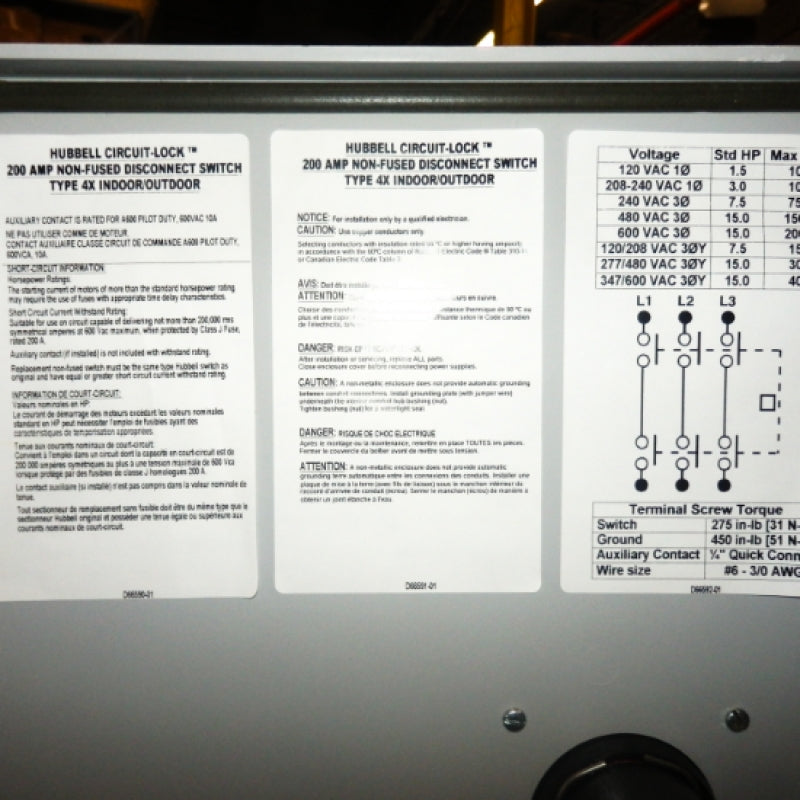 Hubbell NEMA 4X Circuit Lock 200A Disconnect Switch HBLDS20