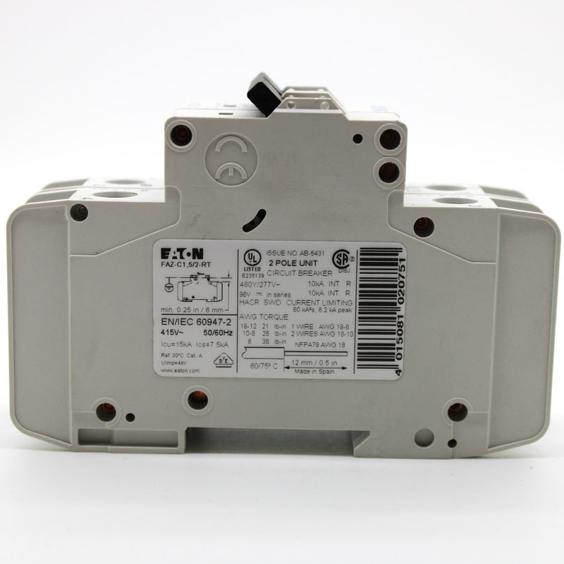 Eaton 2P 1.5A C Curve Miniature Breaker FAZ-C1.5/2-RT