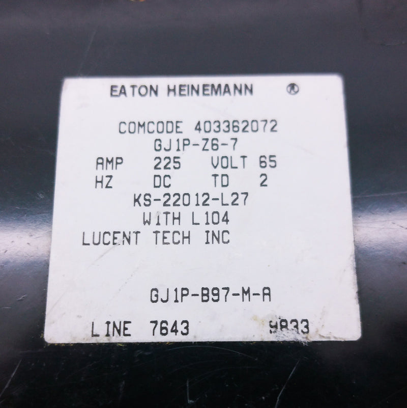 Eaton Heinemann 225Amp 65VDC 1 Pole Circuit Breaker KS-22012-L27