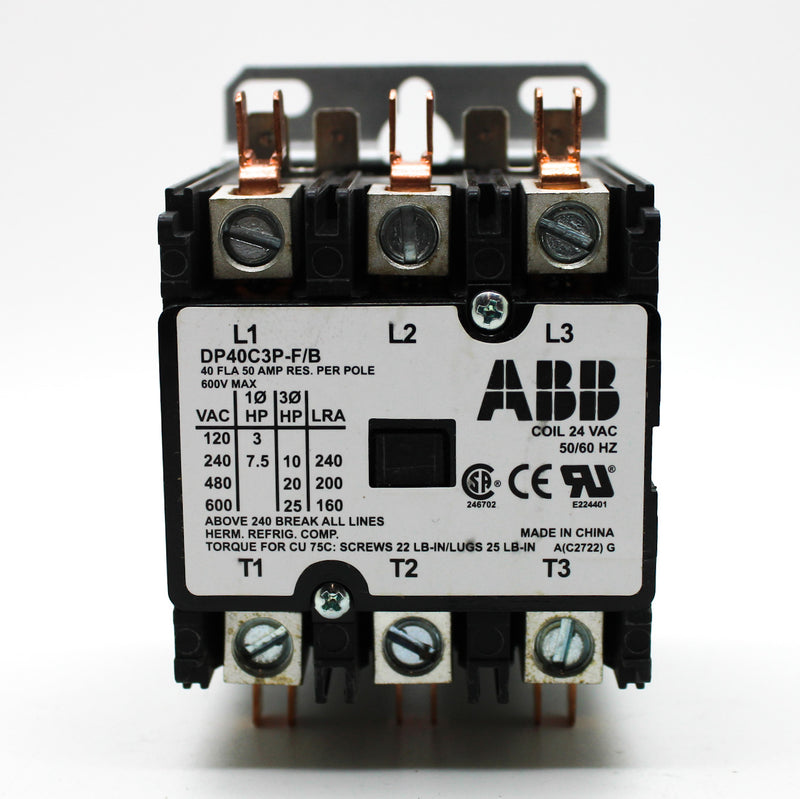 ABB 40A 3P 24VAC 14-4AWG Definite Purpose Contactor 1SBX104300B1100 DP40C3P-F/B