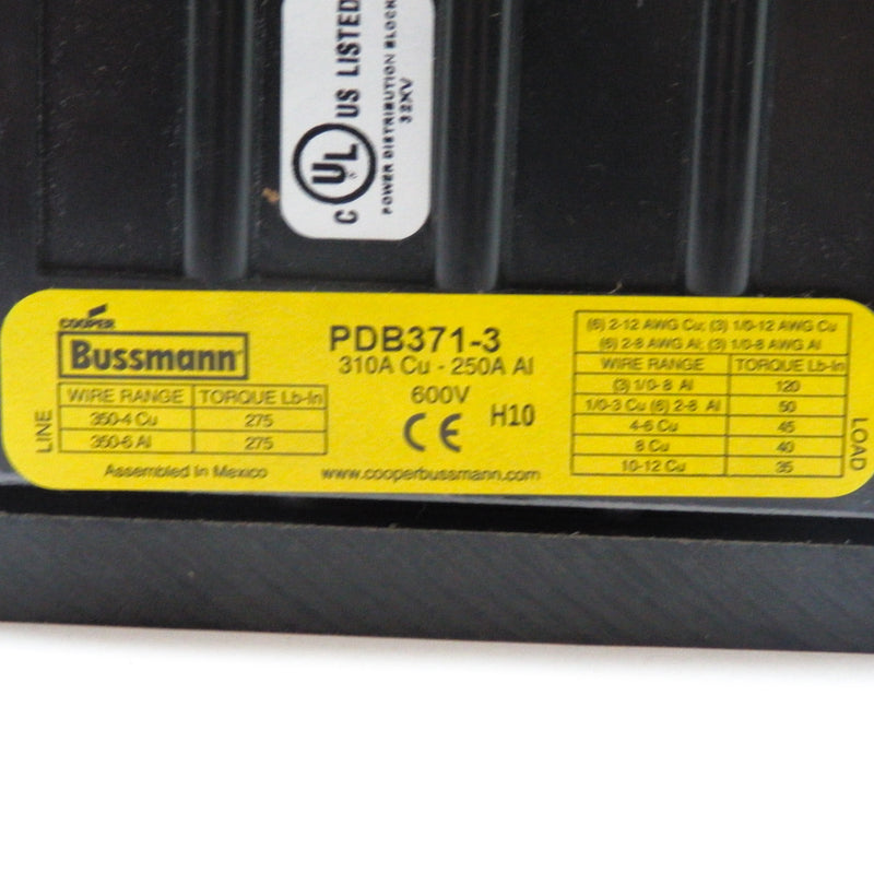 Bussmann 3 Pole 200kA/100kA 310A 400A/175A Power Distribution Block PDB371-3