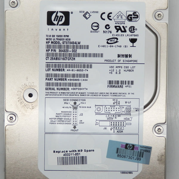 HP 72.8GB 15000RPM Ultra320 SCSI LVD 68-Pin 3.5" Hard Drive 364323-002