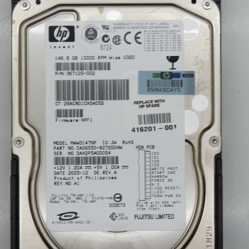 HP 146AGB 10000RPM Ultra320 SCSI 8MB Cache LVD 68-Pin 3.5" Hard Drive 367105-002