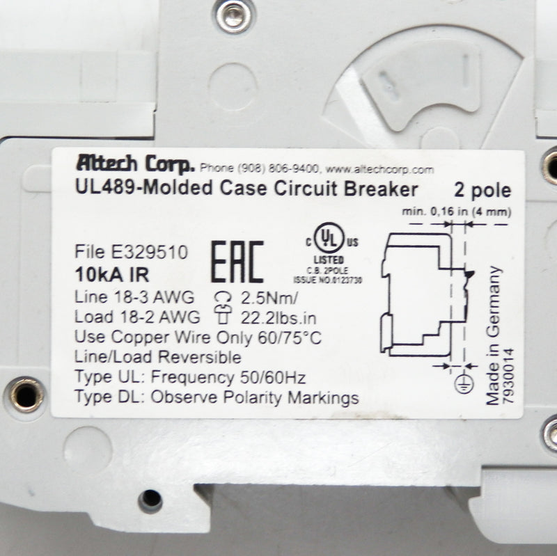 Altech Corp 8A DIN 2 Pole Ring Tongue Thermal Circuit Breaker 2C8UL