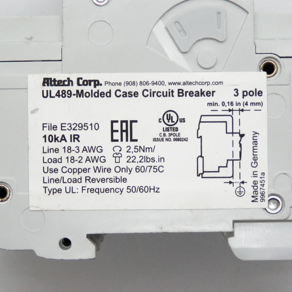 Altech Corp 50A DIN Rail 3 Pole 240VAC Thermal Magnetic Circuit Breaker 3D50UL