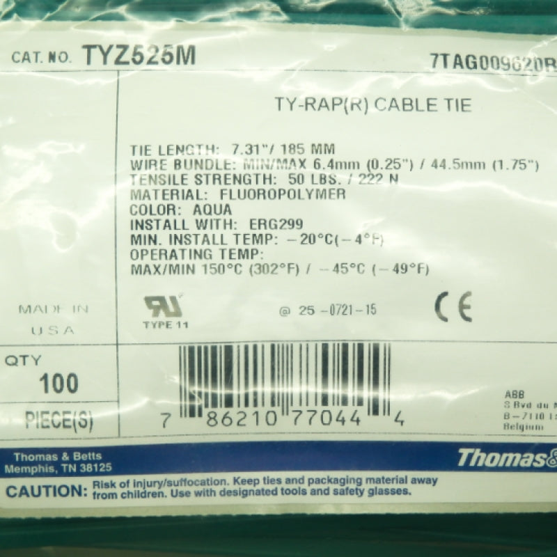 Pack of 100 Thomas and Betts 7" Ty-Rap Series Cable Ties TYZ525M