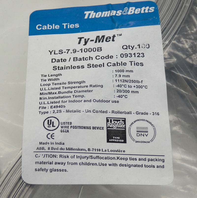 Thomas & Betts Metallic 316 Stainless Steel 100Pack Cable Ties YLS-7.9-1000B