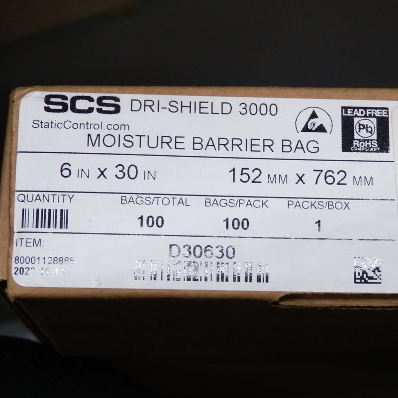 SCS Anti-Static Control Products Moisture Barrier Bag 100 Pack 6" x 30" D30630