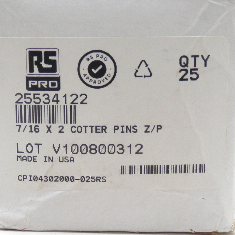 RS Pro 7/16 X 2" Length Imperial Steel Cotter Pins 25 Pack 25534122