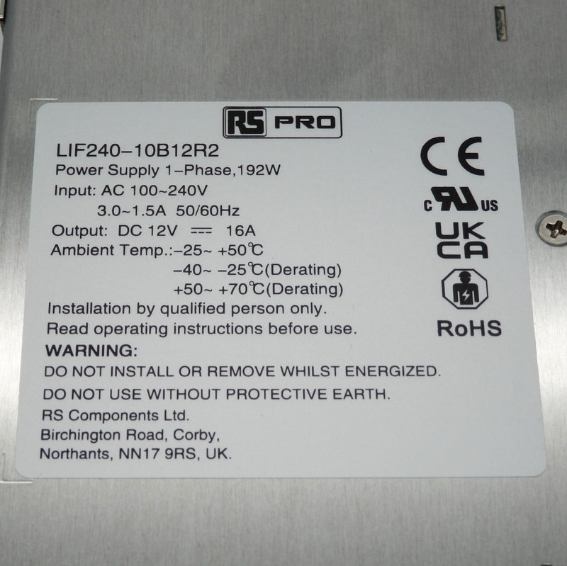 RS Pro 12V 16A 192W Adjustable DIN Rail Power Supply 2205407 / LIF240-10B12R2