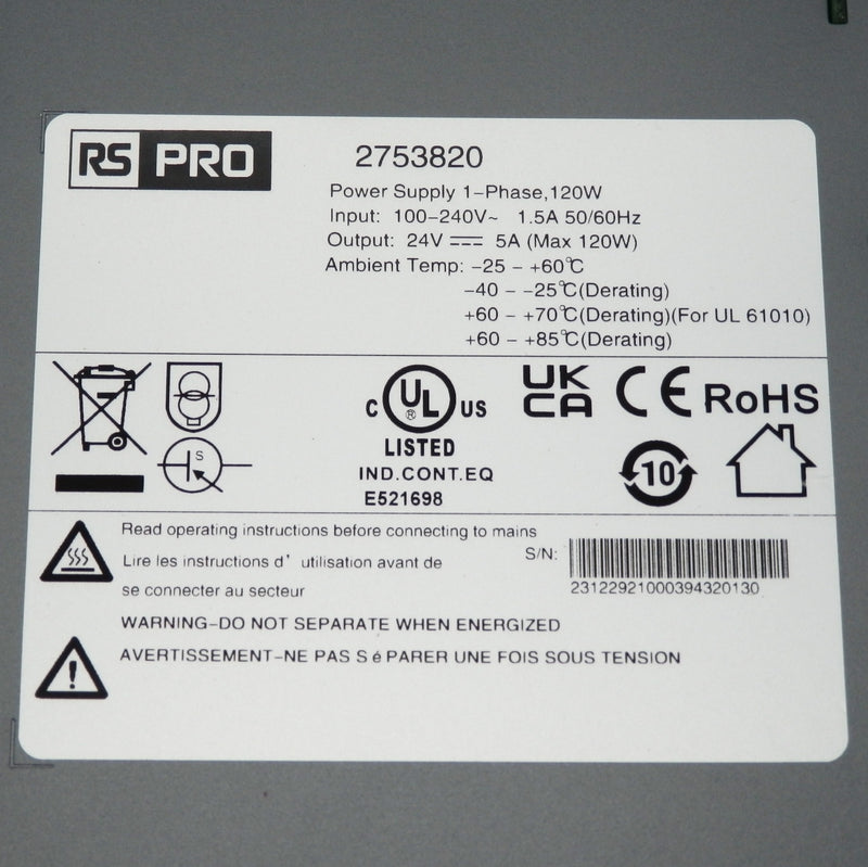 RS Pro 120W DIN Rail 2753820 Power Supply