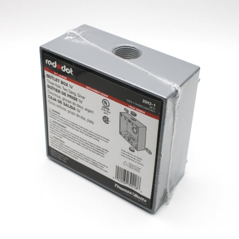 Thomas Betts Red Dot 2IH3-1 Outlet Box 1/2" Three Hole Two Gang Silver