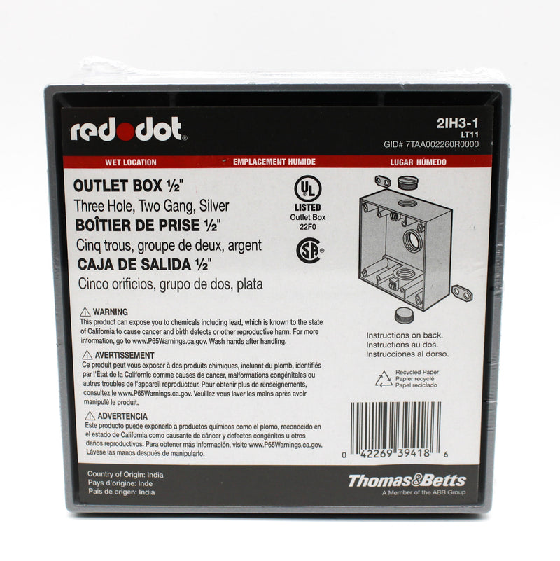 Thomas Betts Red Dot 2IH3-1 Outlet Box 1/2" Three Hole Two Gang Silver